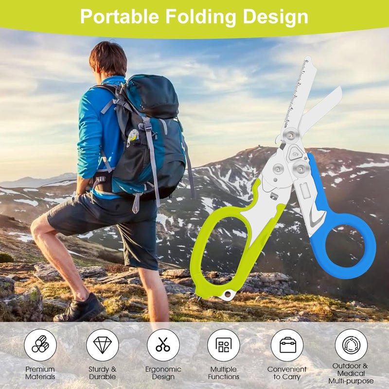 Lemasa6 in 1 Multifunctional Combination Tool, Folding Retractable Emergency Shears, Outdoor Camping Tools, Seat Belt Cutter, Oxygen Cylinder Wrench, Complimentary Adjustable Wrench (blue-green) - Image 4